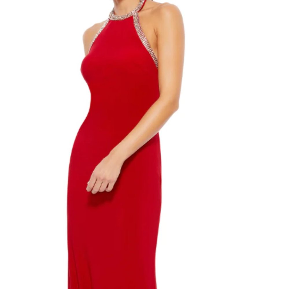 Mac Duggal Red Halter Dress with Silver Accents
